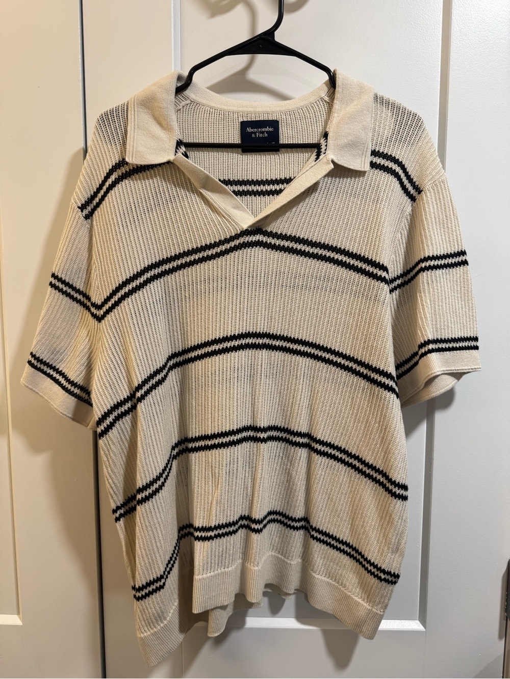 Abercrombie & Fitch Cream and Black Striped Knit Polo
